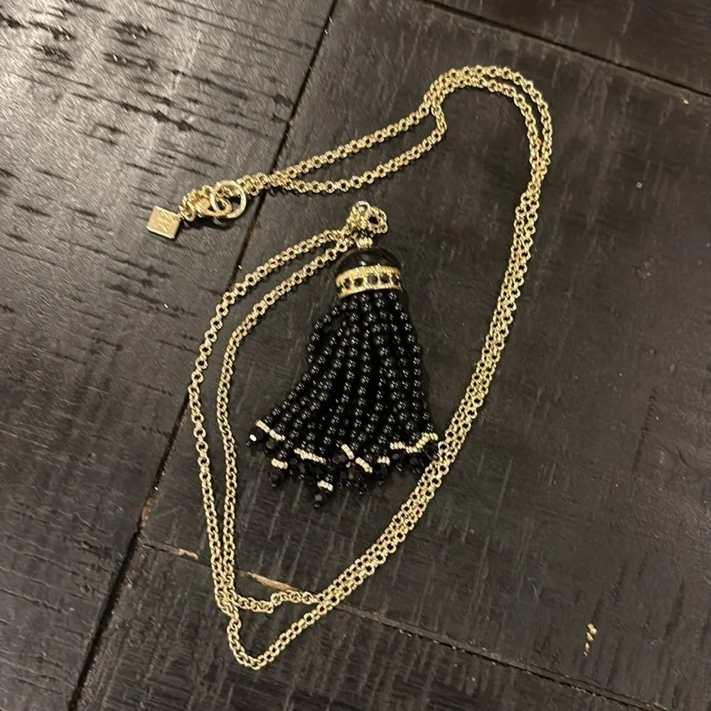 Banana Republic Enamel Black Beads Tassel Chain Necklace Gold Tone Boho​